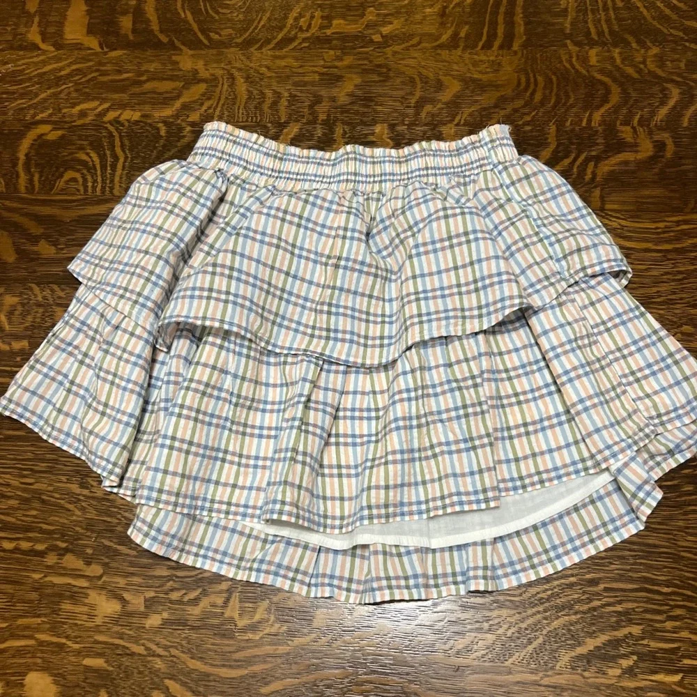 Aerie Skirt Womens Small Multicolor Plaid Tiered Ruffle Smocked Cotton Modal